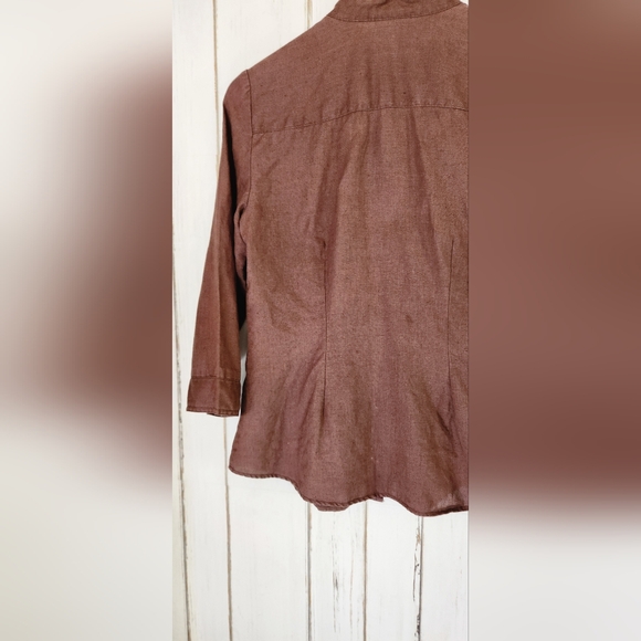 100% linen Autograph priest collar brown blouse sz S - Picture 9 of 10